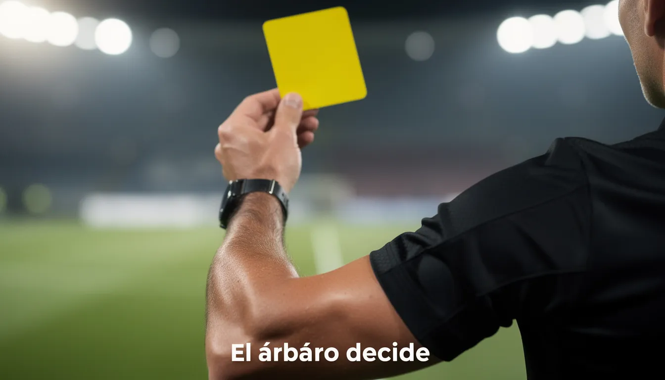 Árbitro de fútbol mostrando una tarjeta amarilla en un partido profesional bajo focos nocturnos