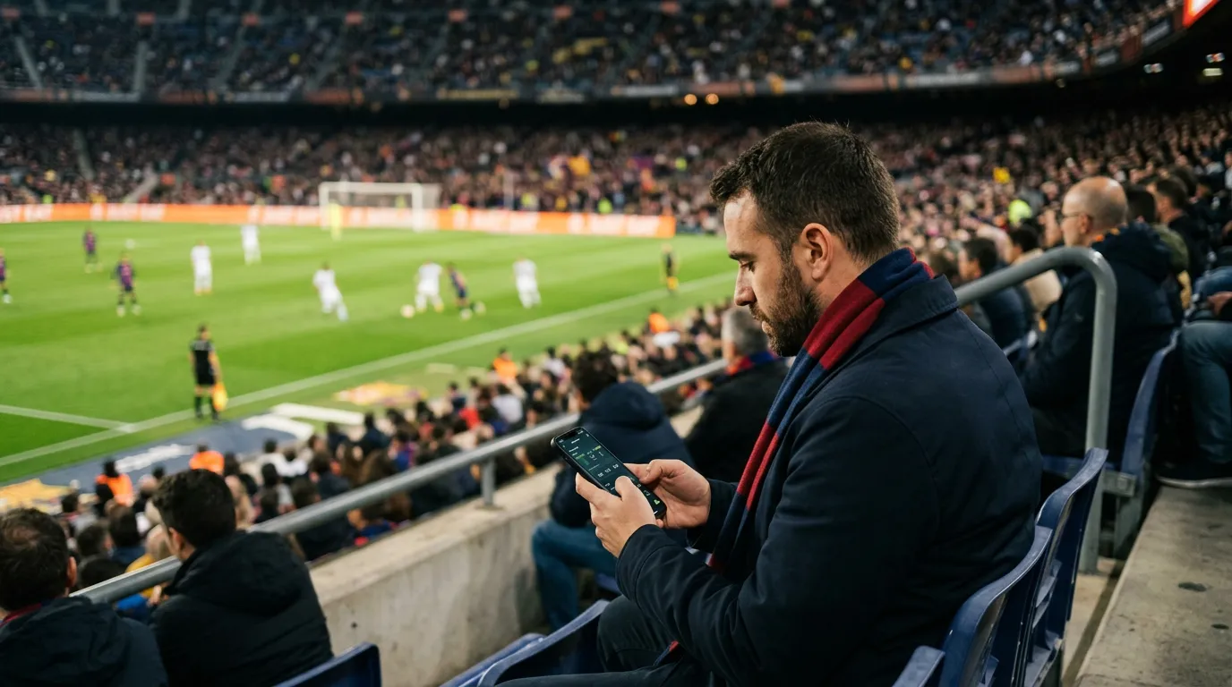 Aficionado viendo un partido de fútbol en directo en un estadio mientras consulta su móvil