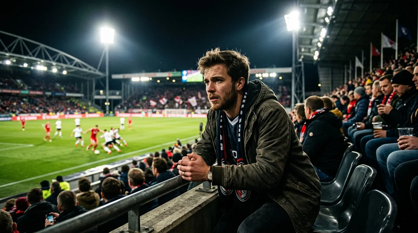 Aficionado siguiendo un partido de fútbol en directo desde la grada de un estadio iluminado