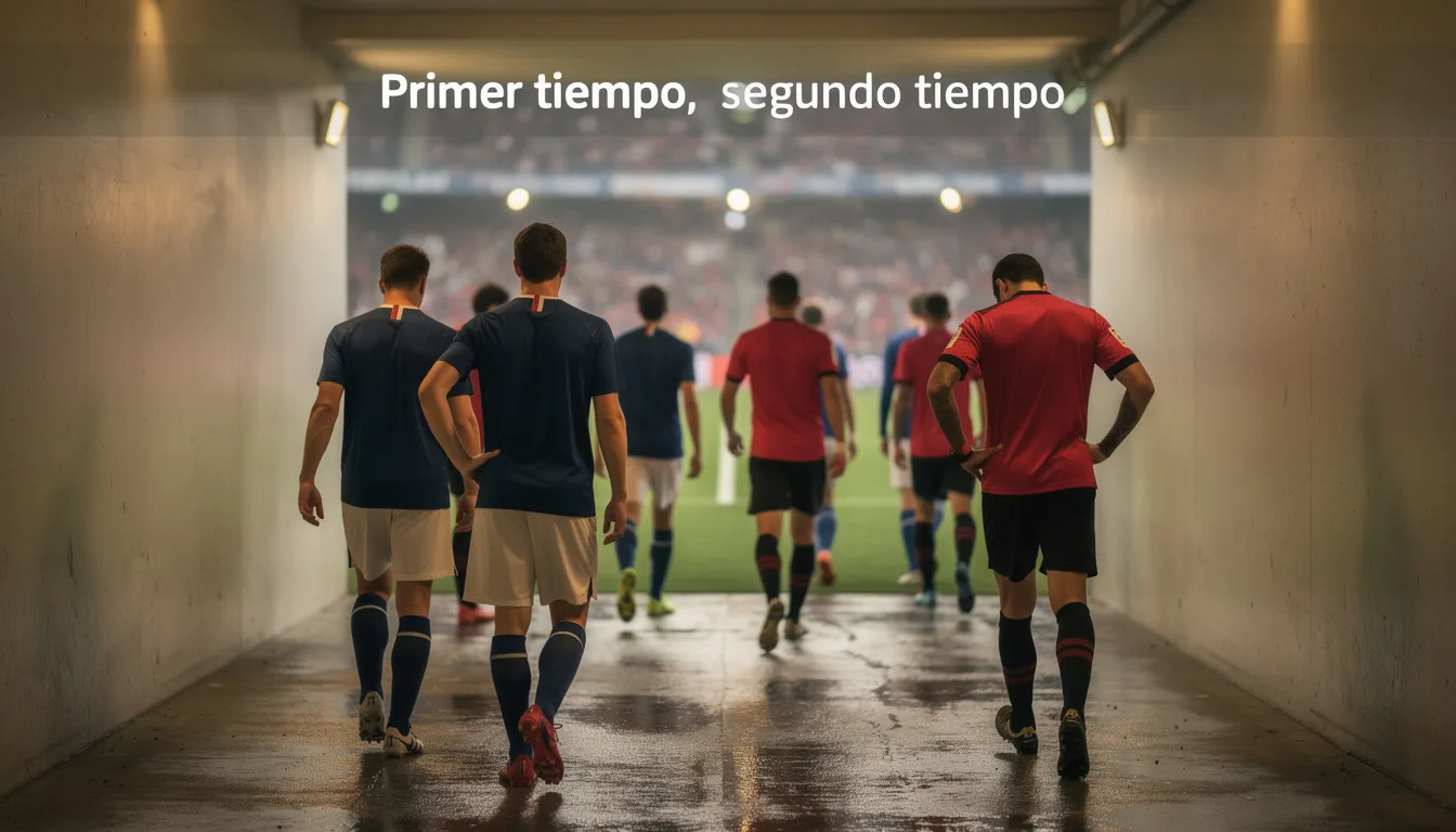 Jugadores de fútbol caminando hacia el túnel de vestuarios en el descanso de un partido nocturno