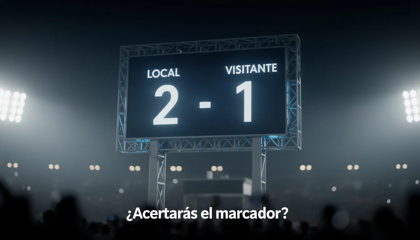 Marcador electrónico de estadio de fútbol mostrando un resultado parcial iluminado en la noche