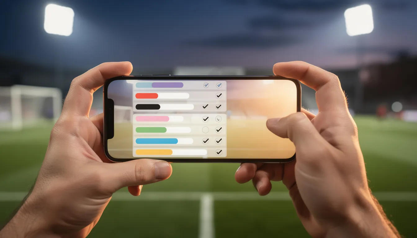 Apostante construyendo un boleto bet builder en su móvil con un campo de fútbol al fondo