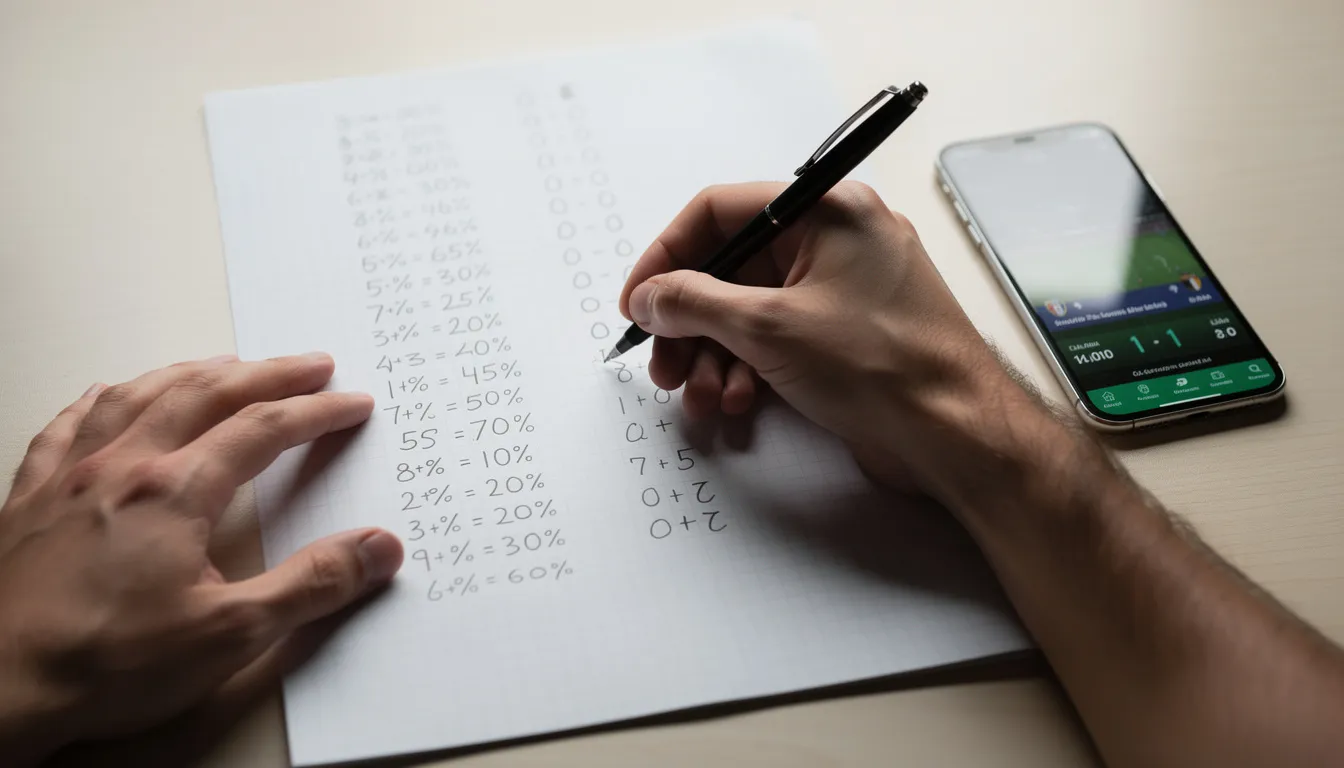 Persona calculando probabilidades implícitas con bolígrafo y papel junto a una pantalla de apuestas