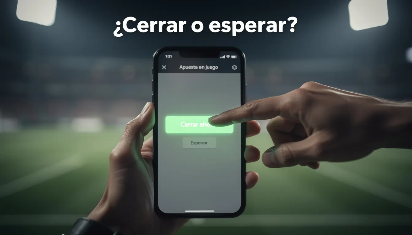 Mano de apostante sobre la pantalla del móvil con un botón de cierre de apuesta en un estadio de fútbol
