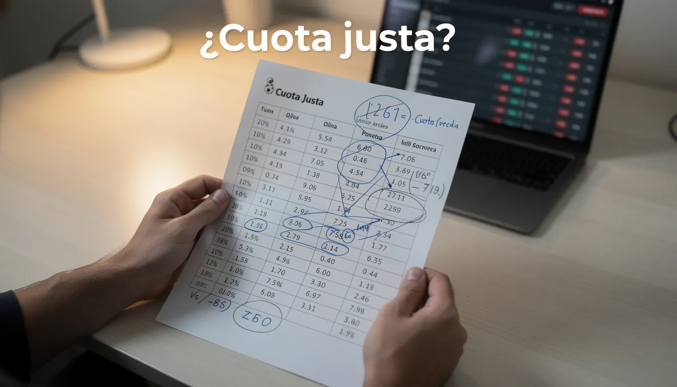 Analista revisando datos de probabilidades de fútbol en su escritorio con gráficos de cuotas