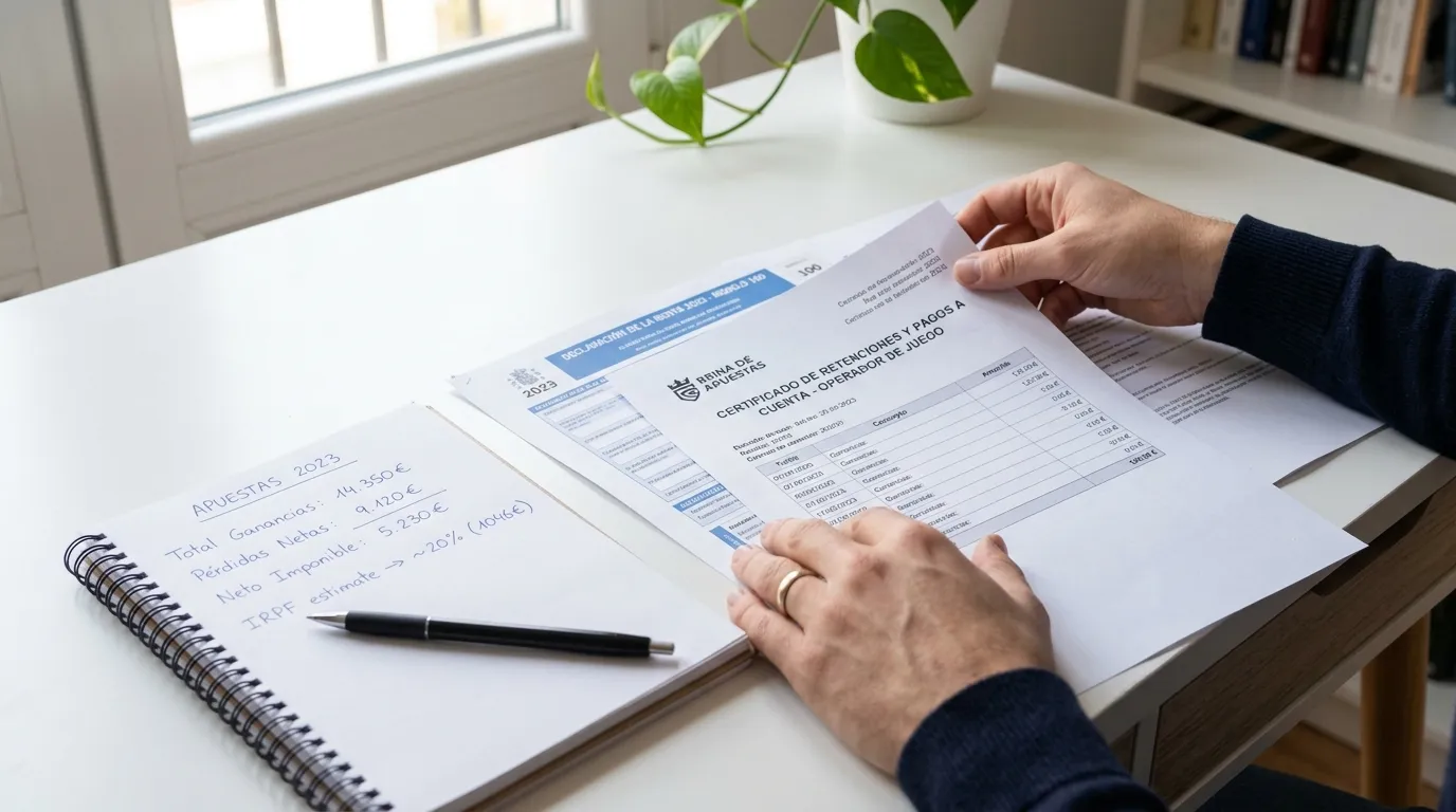 Persona revisando documentos fiscales y un certificado de operador de apuestas sobre un escritorio ordenado
