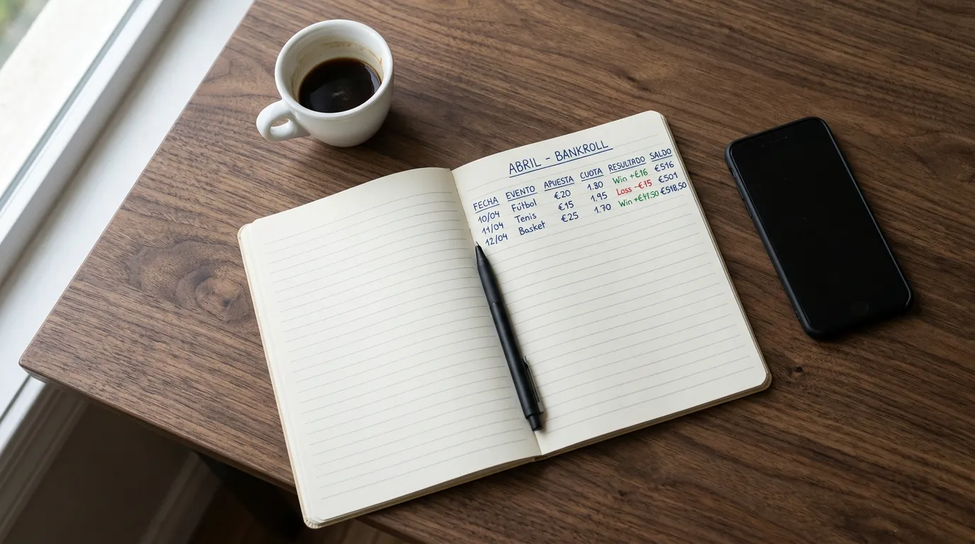 Cuaderno abierto con anotaciones numéricas junto a una taza de cafe sobre escritorio ordenado