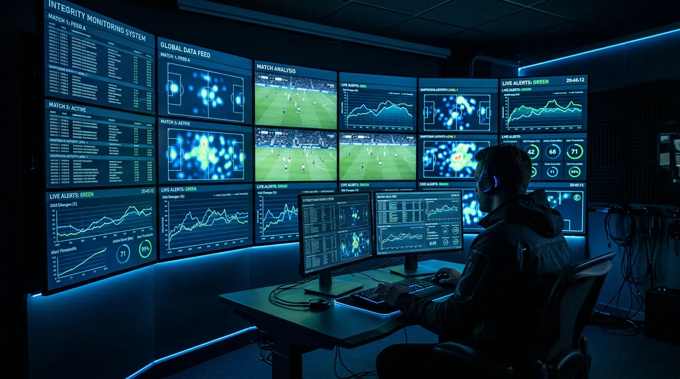 Centro de monitoreo deportivo con múltiples pantallas mostrando datos de partidos de fútbol en tiempo real con luz azul tenue