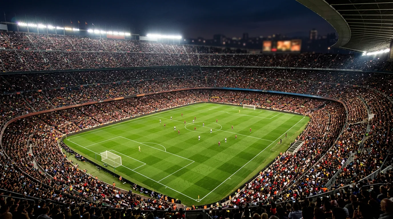 Estadio de fútbol con la grada llena durante un partido nocturno de La Liga