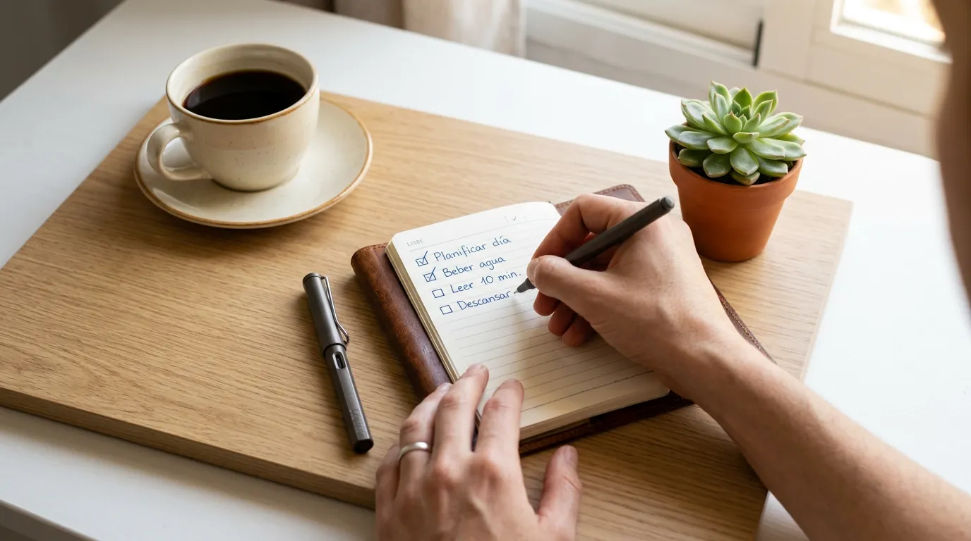 Persona escribiendo límites de apuestas en un bloc de notas junto a una taza de café