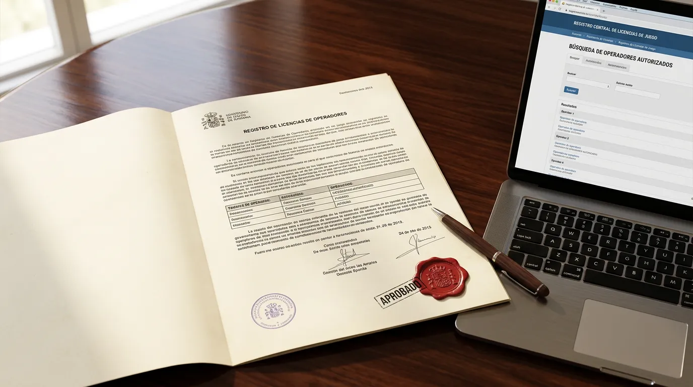Documento oficial con sello gubernamental español sobre escritorio de madera junto a un ordenador portátil