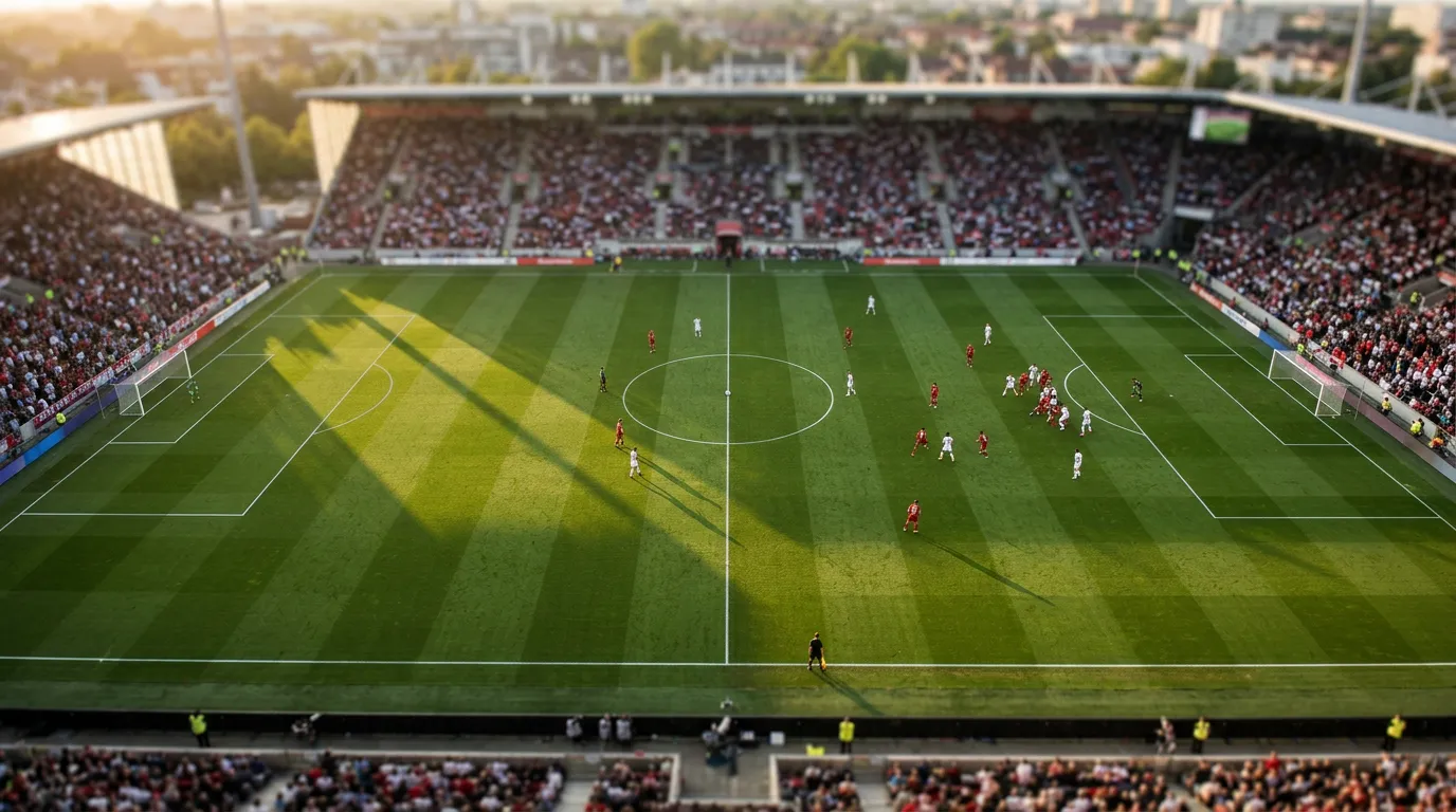 Campo de fútbol visto desde la grada con líneas de juego marcadas y un balón en el centro