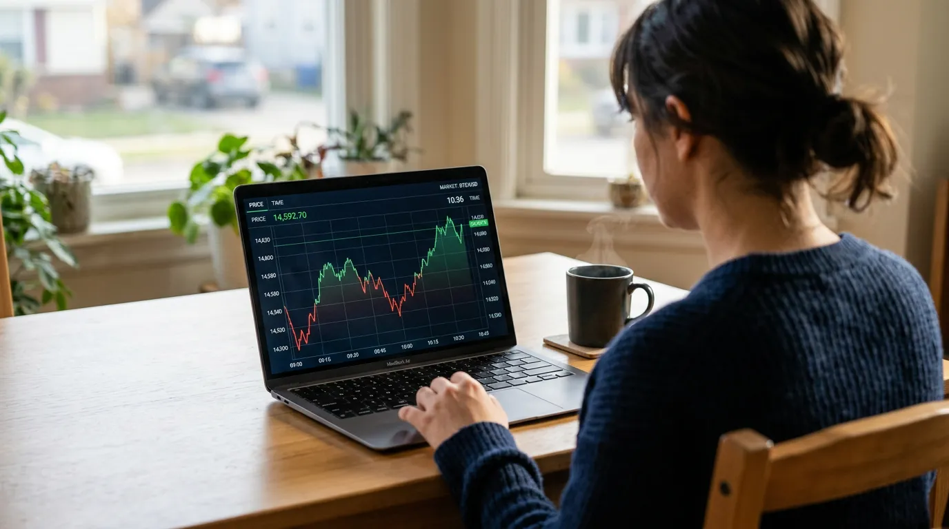 Pantalla de ordenador mostrando una línea de precio en movimiento junto a un bloc de notas