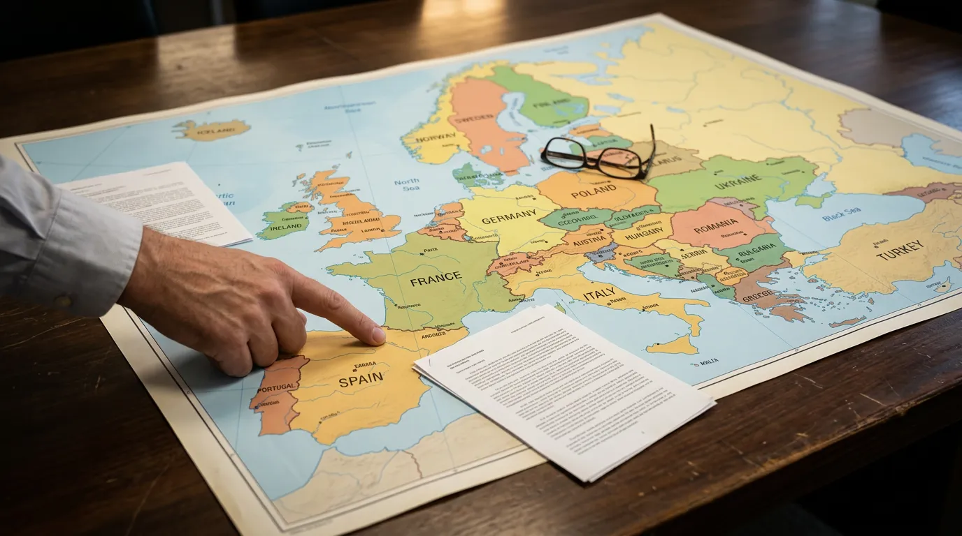 Mapa de Europa sobre un escritorio con documentos de regulación de apuestas deportivas
