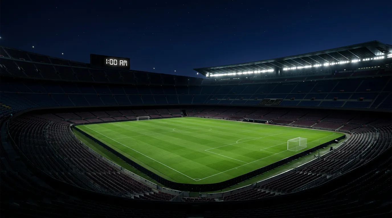 Estadio de fútbol español vacío de noche con pantallas LED apagadas y un reloj marcando la una de la madrugada