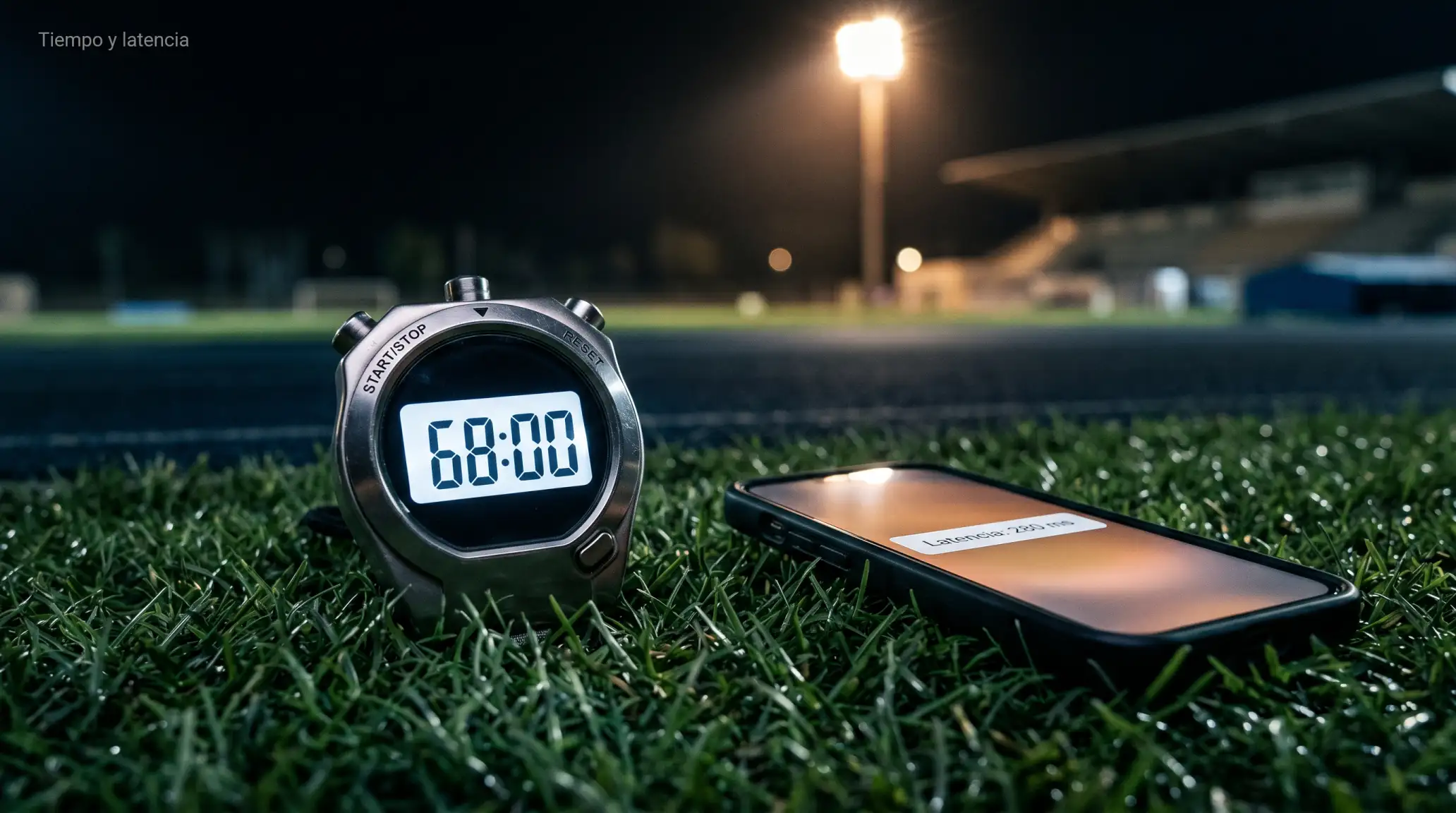 Reloj deportivo sobre césped de estadio de fútbol iluminado de noche con cronómetro en primer plano