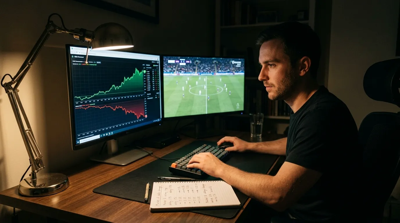Persona analizando movimientos de cuotas de fútbol en dos pantallas con gráficos de líneas ascendentes y descendentes