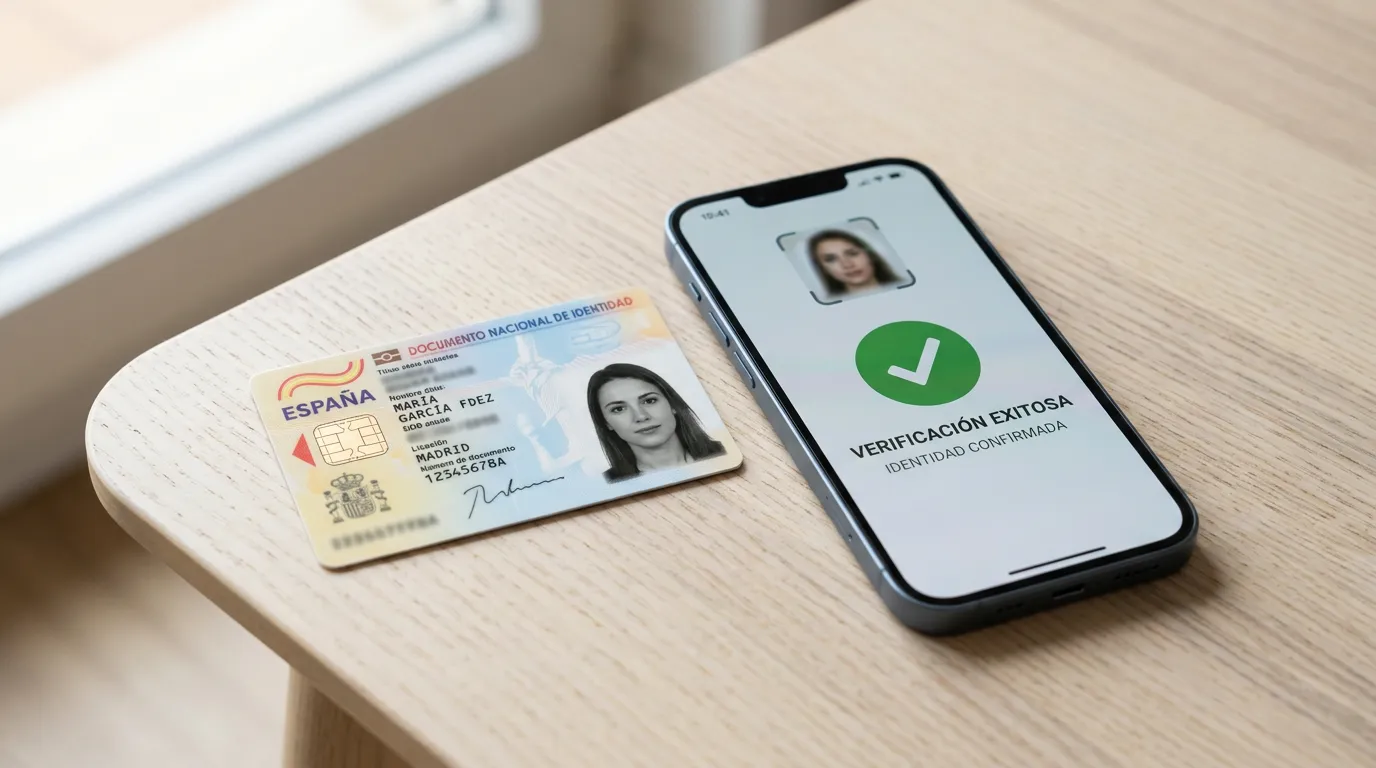 DNI español junto a un teléfono móvil mostrando un proceso de verificación biométrica con luz natural